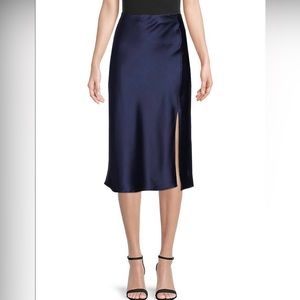 Navy Satin Midi Skirt